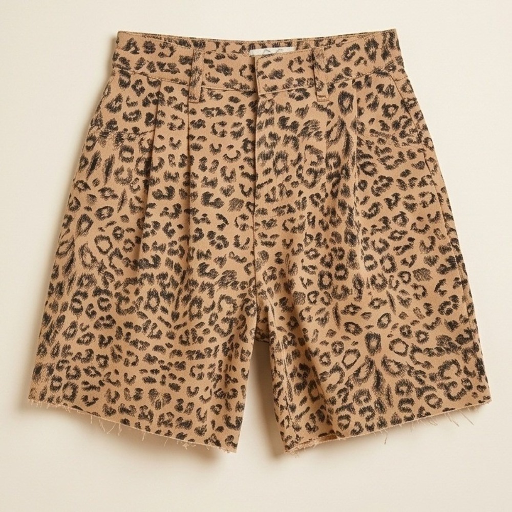 Free People We The Free 25 Leopard Print Raw Hem Cotton Shorts Tan Black NWT